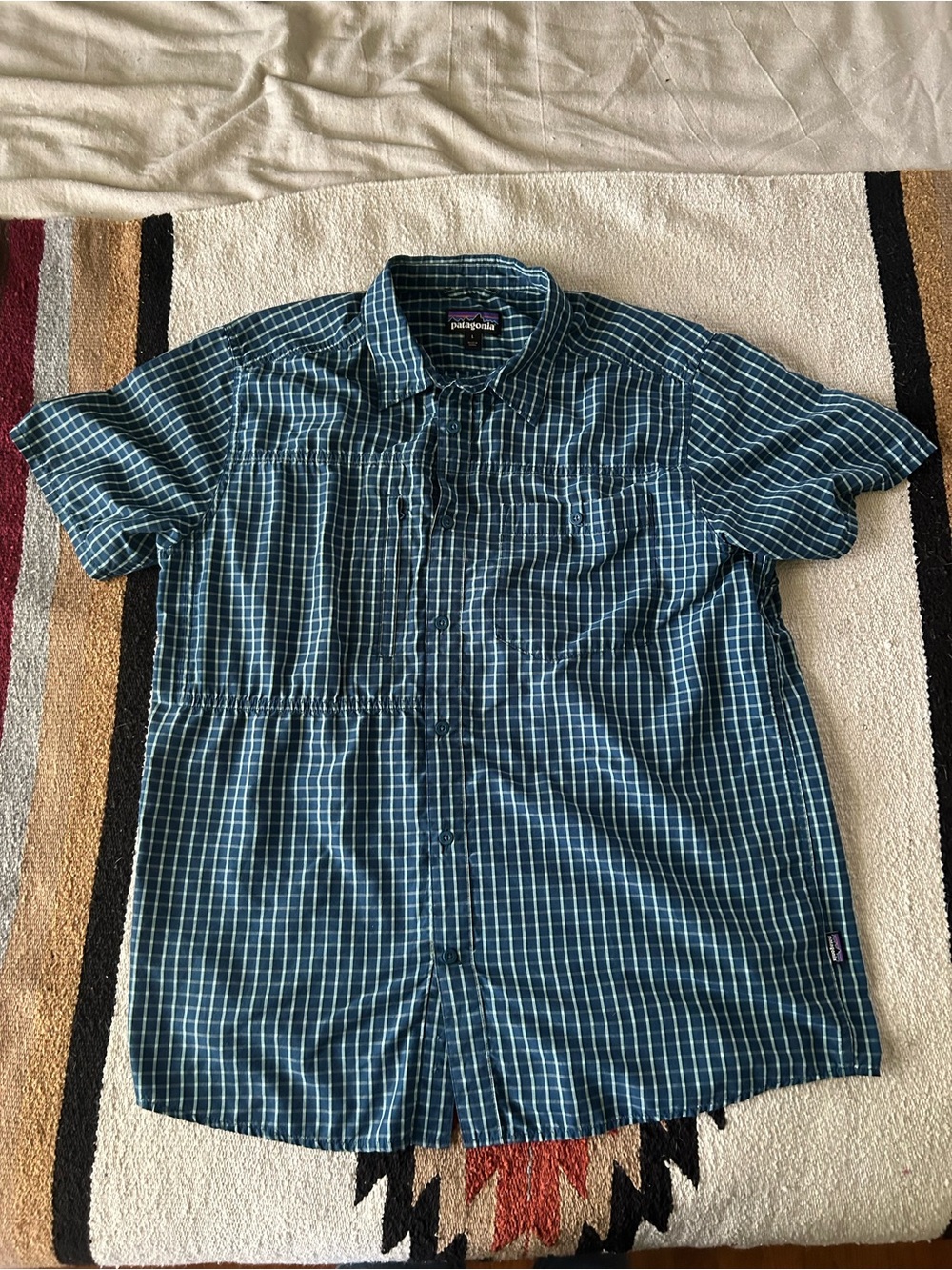 Patagonia Blue Green Plaid Short-Sleeve Button-Down Shirt
